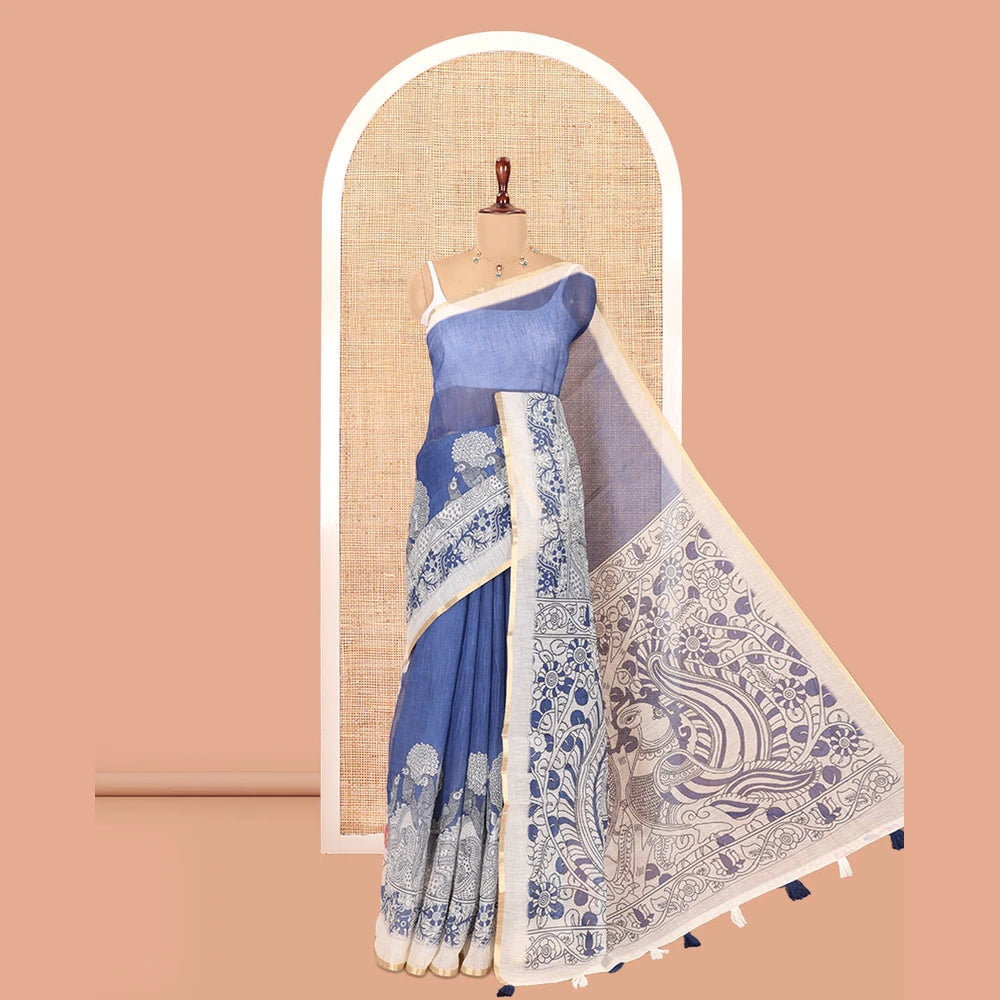 Pothys Blue Linen Cotton Saree, Adorned with Kalamkari Floral-Bird Print, Contrast Border, Kalamkari Peacock Pallu, a Contrast Blouse